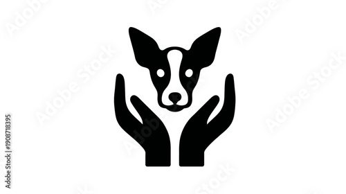 Stylized black icon depicting human hands gently cupping a small dog's head, symbolizing pet care, animal welfare, rescue, and love