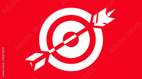 White target icon with arrow hitting bullseye on vibrant red background, symbolizing business success, goal achievement, and accurate strategy.