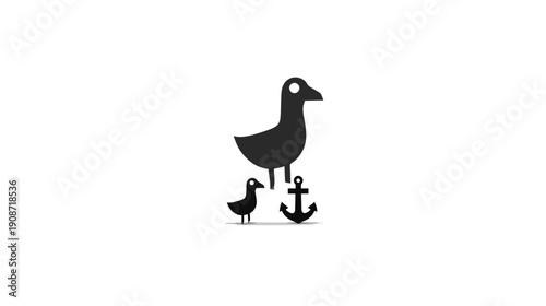 Minimalist black bird icons: adult and chick with a nautical anchor symbol on a clean white background. Flat vector illustration.