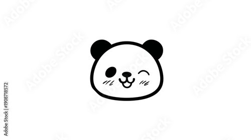 Cute Minimalist Black and White Cartoon Panda Face Icon with Happy Winking Expression, Simple Line Art Illustration