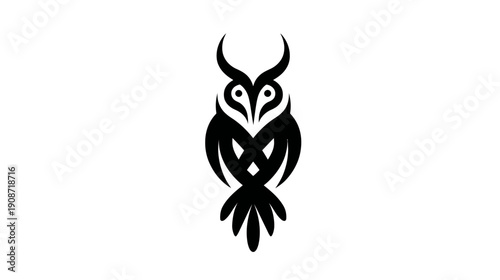 Stylized Tribal Owl Vector Illustration. Black and White Abstract Bird Design for Logo, Emblem, or Tattoo Concept