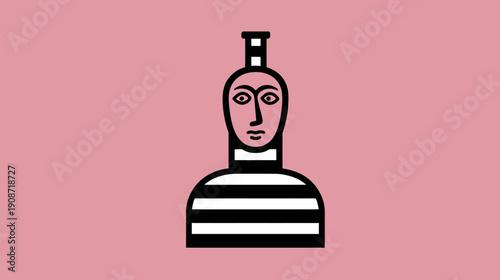 Conceptual abstract graphic of a person with a bottle-shaped head wearing a striped shirt on a pink background, stylized art.