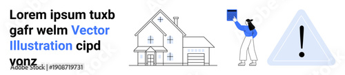 Housing, education, caution signs, learning materials, home safety, real estate. Outline of a house, person holding a book and a warning icon. Education and home safety concepts