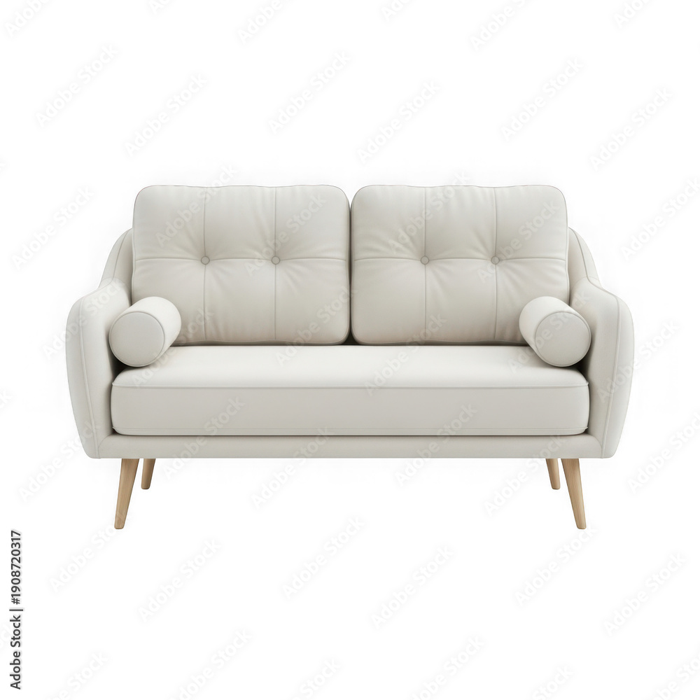 Obraz premium A modern beige sofa with wooden legs in a minimalist living room setting.