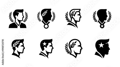 Set of 8 vector icons of a man's profile with laurel wreath and medal
