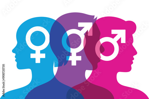 A vibrant illustration of diverse gender identities with colorful silhouettes and symbols