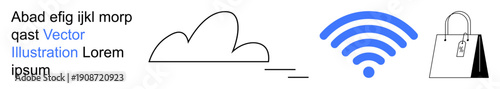 Cloud storage, internet services, online shopping, connectivity, retail, digital trends. Cloud shape, wireless symbol shopping bag. Cloud storage and internet services visualization