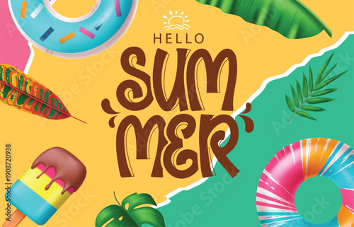 Hello summer greeting design, Hello summer text with summer and tropical vector elements in papercut background, Vector illustration.

