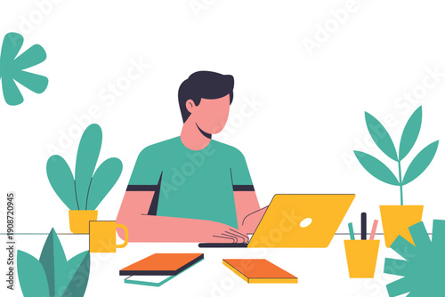 A man sitting at a desk working on a laptop surrounded by plants and office supplies