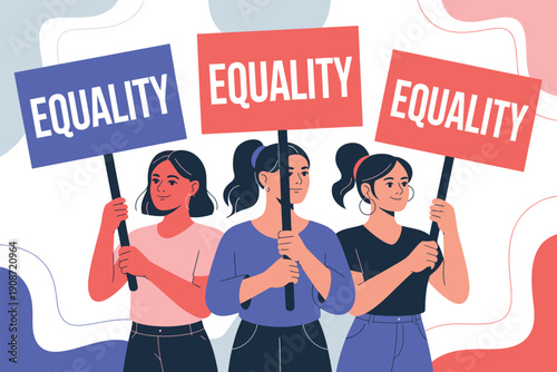 Three women holding signs that read equality in a colorful illustration