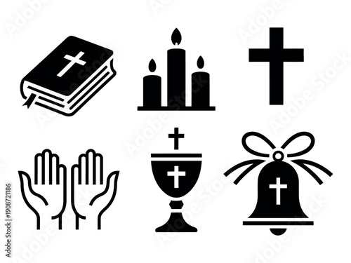 A collection of Christian symbols and icons on a white background