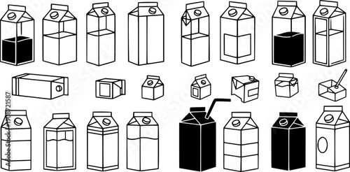 Vector Icon Milk or Juice Carton Boxes in Different Styles and Fill Levels, Representing Dairy Products, Beverage Packaging, Food Supply, and Grocery Shopping Concepts