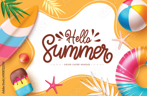 Summer greeting design. Hello summer text with summer vector elements on yellow abstract background. Vector illustration.

