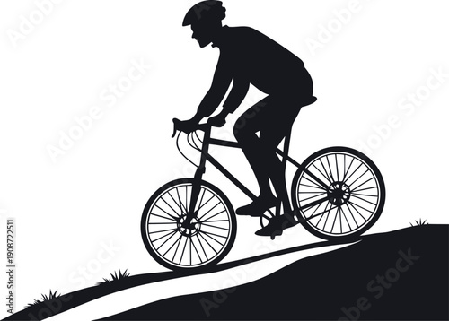 Mountain biker silhouette vector illustration riding uphill, black and white, isolated on white