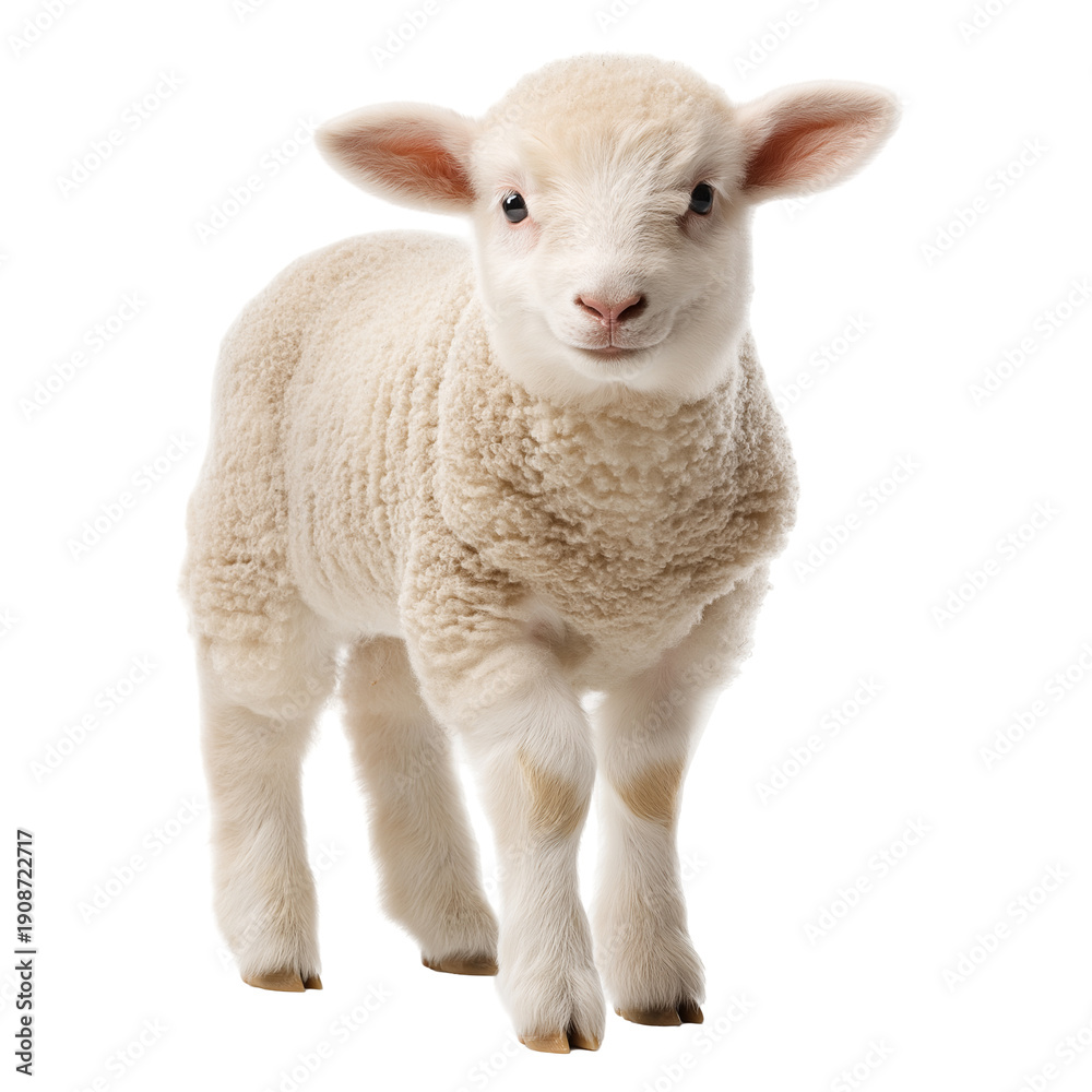 Fototapeta premium Cute baby lamb standing on white background