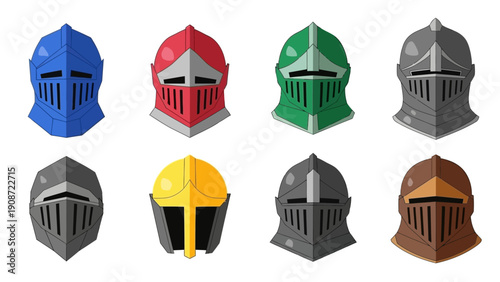 Collection of Knight Helmets in Various Colors - Medieval Warrior Headgear