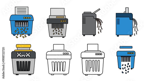 Collection of diverse paper shredder icons, representing data security and destruction.