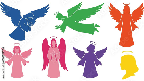 Foto Colorful Angel Silhouettes Collection: Diverse Winged Figures with Halos