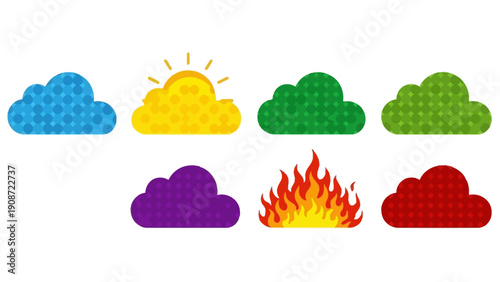 Colorful Clouds with Sun, Fire, and Rain Icons on White Background