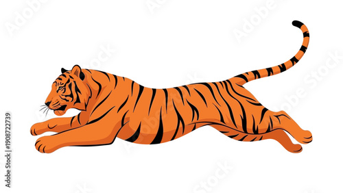 Dynamic Tiger Running Fast, Powerful Predator in Motion, Orange and Black Stripes