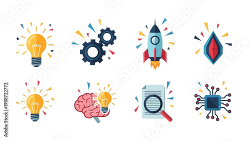 Innovation and Technology Icons: Ideas, Brainstorming, Startup, Data Analysis, AI, and Engineering