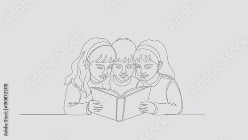 Continuous line drawing of three diverse children happily reading a book together, symbolizing education, knowledge, and teamwork.