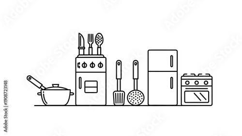 Modern Kitchen Appliances and Cooking Utensils Line Art Illustration. Refrigerator, Oven, Pots, Spoons, Spatulas Set.