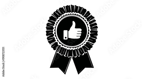 Black and white rosette ribbon with a thumbs-up icon, symbolizing approval, quality, best choice, and success.