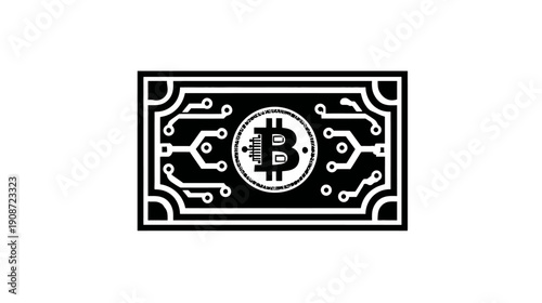 Digital currency banknote illustration with abstract circuit pattern and crypto 'B' symbol representing financial technology.