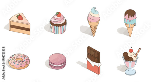 Isometric Dessert Icons Collection, Sweet Treats and Confectionery Food, Bright Studio Background