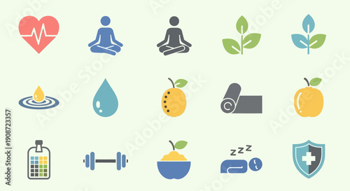 Collection of health and wellness icons representing a balanced lifestyle.