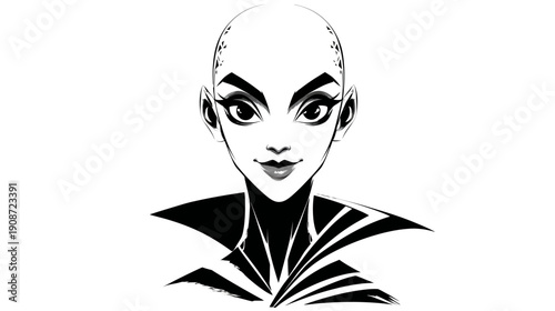 Stylized graphic illustration of an elegant bald woman's face, confident and modern, vector art portrait in black and white.