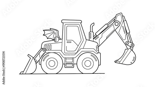 Detailed line art illustration of a heavy backhoe loader construction vehicle with front bucket and rear arm, vector outline drawing