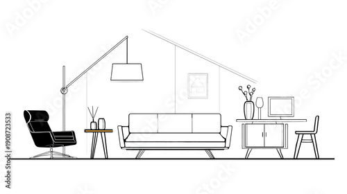 Modern living room interior design line art vector illustration. Minimalist home furniture outline drawing, contemporary domestic space decor.