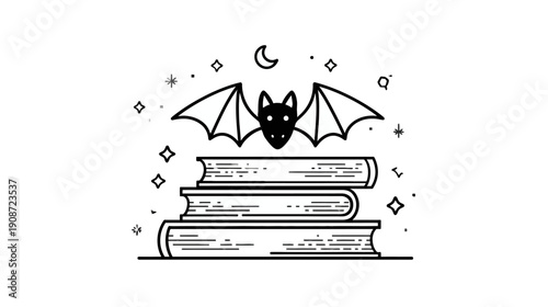 Mysterious nocturnal bat illustration on a stack of books, framed by a crescent moon and stars. Black and white line art symbolizing wisdom and night.