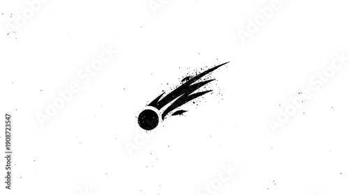 Stylized black and white graphic illustration of a fast-moving comet or meteor in space, minimalist cosmic grunge design element