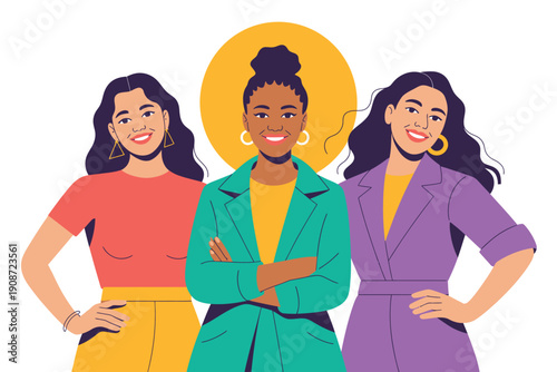 Three diverse women standing together in colorful business attire with confident expressions