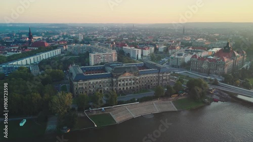 Aerial footage circling Dresden's Former Royal Saxon Ministry of Finance (1894-97; Otto Wanckel) from left to right at dawn 