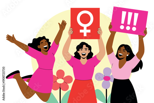 Three women celebrating equality and female empowerment with signs and flowers