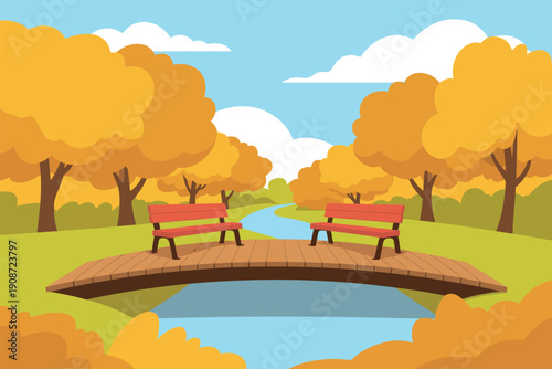 A serene autumn scene featuring a wooden bridge over a small pond with two benches surrounded by vibrant yellow trees under a blue sky with fluffy white clouds.