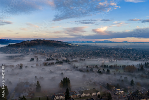 Wallpaper Mural Misty Morning Over Burnaby Cityscape Near Rolling Hills With Fog And Calm Sky At Dawn Torontodigital.ca