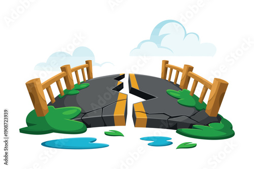 A cartoon illustration of a broken bridge with a wooden fence and green grass on either side