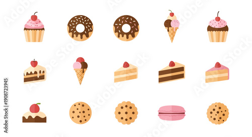 Bakery and Dessert Treats Icons Set, Delicious Cakes and Sweet Pastries on Isolated White Background