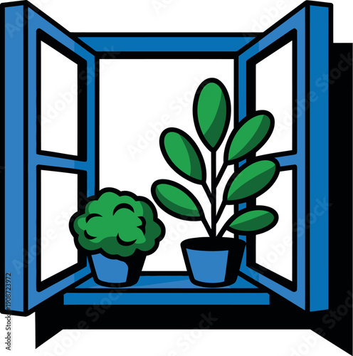 A cartoon illustration of two potted plants sitting on a blue windowsill with open window panes.