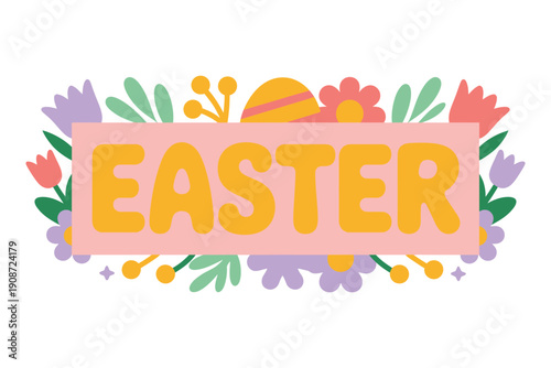A colorful Easter graphic with flowers and an egg on a white background