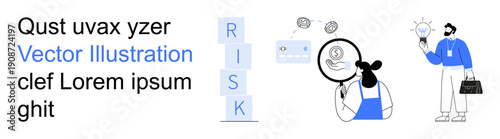 Business strategy, financial risk, decision-making, innovation, analytics, entrepreneurship. Stacked RISK blocks, magnifying glass analyzing dollar sign light bulb idea. Financial risk