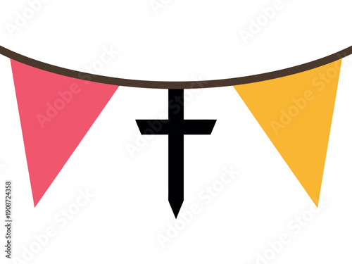 A colorful bunting with a cross hanging from a brown string on a white background