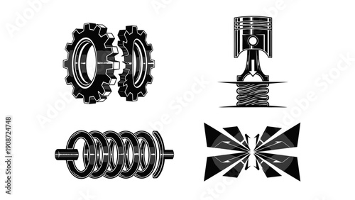 Mechanical Components: Gears, Piston, Spring, and Abstract Machine Part Icons