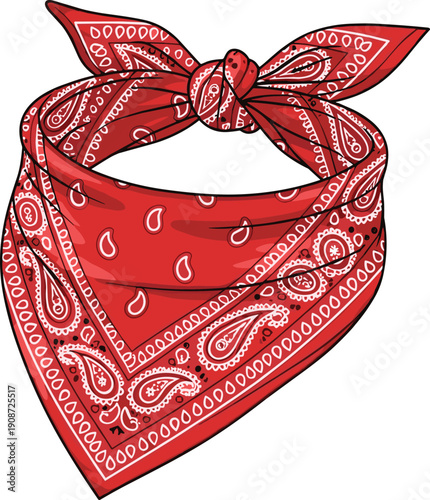 Red paisley bandana tied in triangular knot, classic fashion accessory illustration with decorative white teardrop and curved designs for style, culture, and costume projects