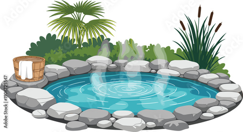 Serene hot spring illustration with steaming water, smooth stones, lush green plants, and wooden bucket, tranquil nature design for wellness, relaxation, and spa themed projects